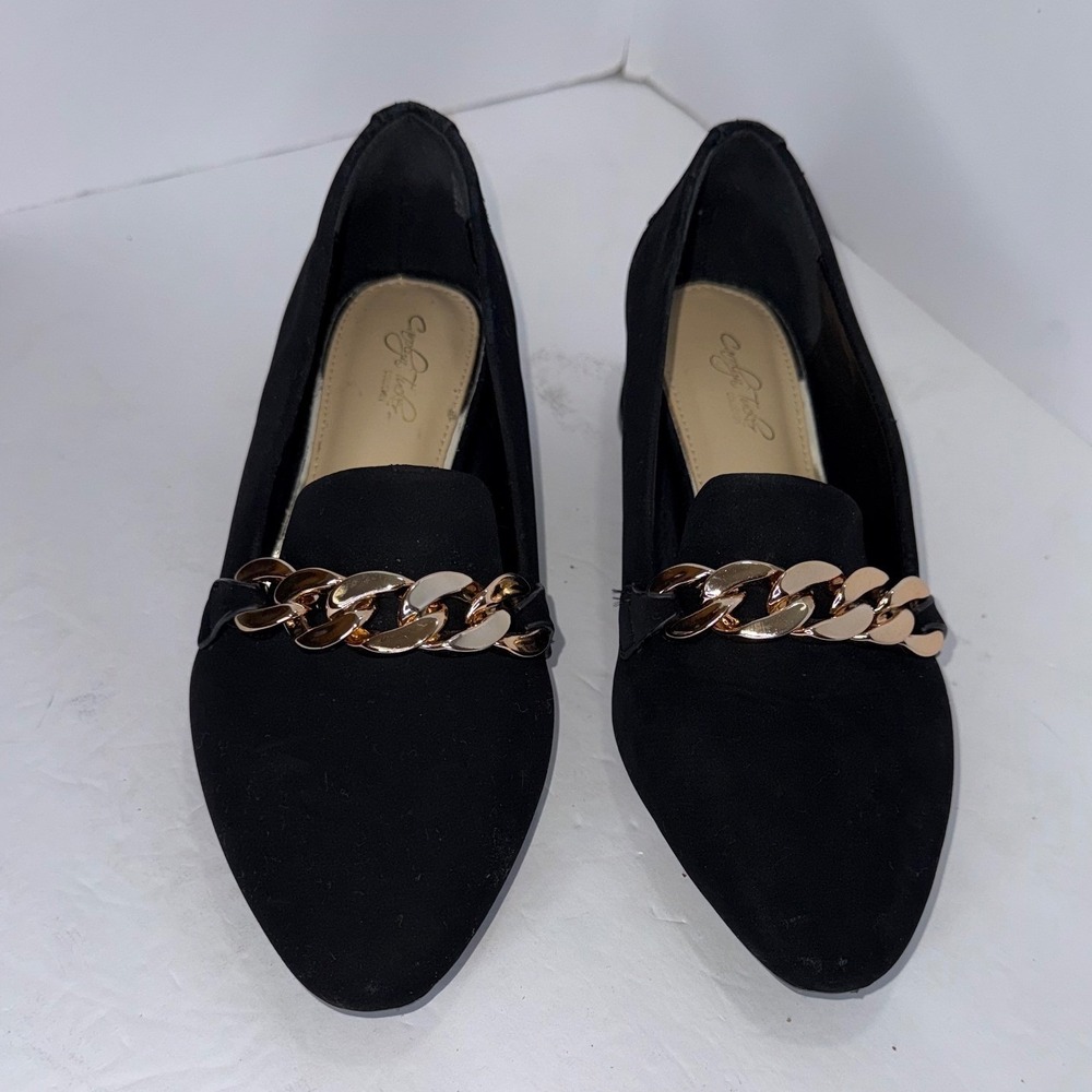 Carolyn Tucker Heeled Loafers 6.5W Black Gold Chain Pointed‎ Toe Preppy Office
